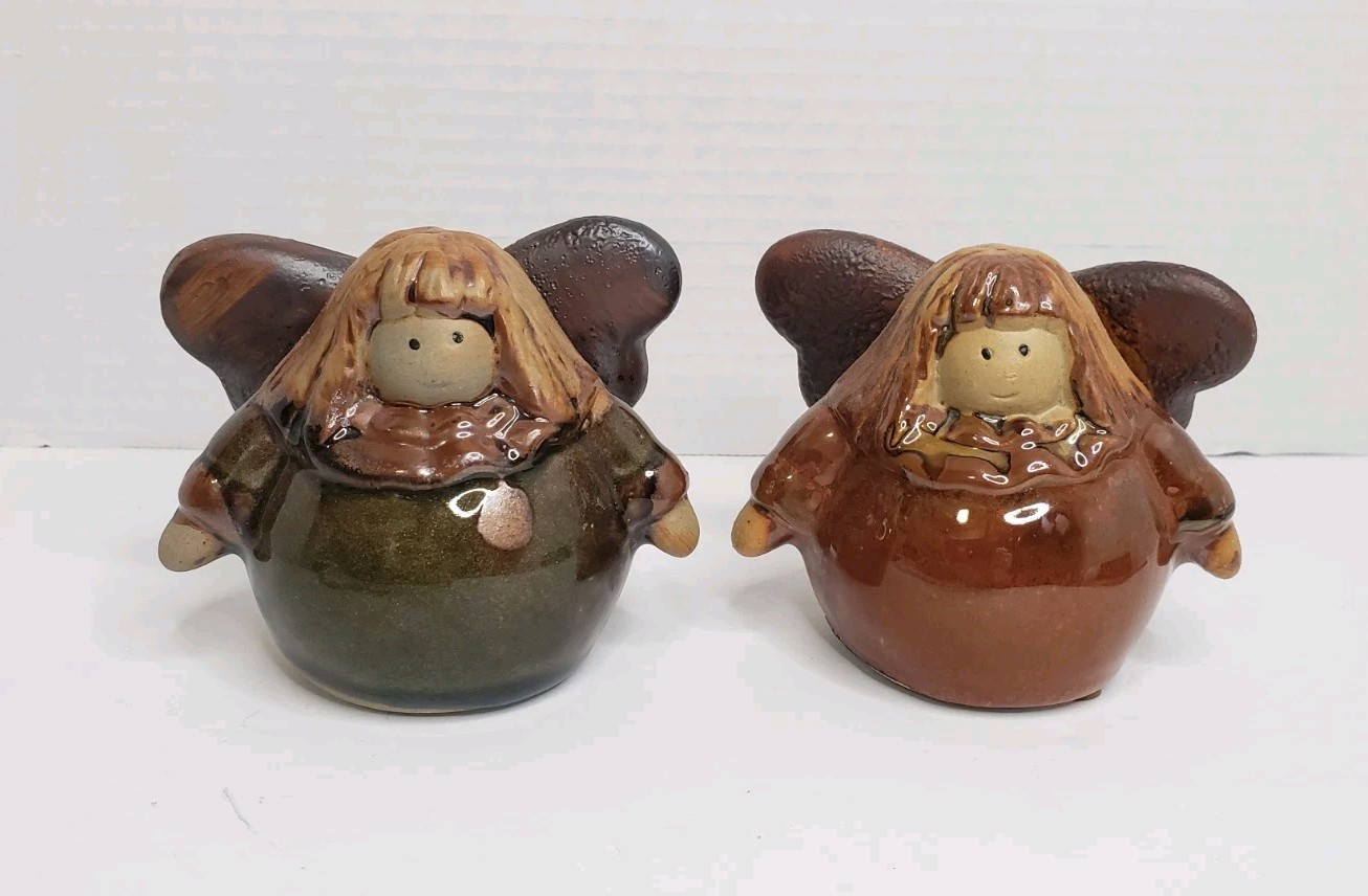 2 Vintage Glazed Ceramic Chubby Angel Figurines Roly Poly Folk Art Pottery