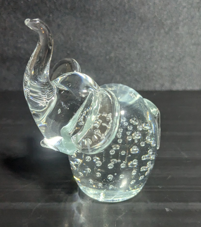Clear Art Glass Elephant Paperweight Figurine Controlled Bubbles Trunk UP