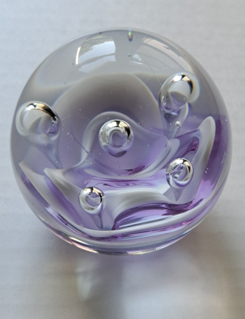 Vtg Art Glass Paperweight Round Controlled Bubbles Murano Style Purple Lavender