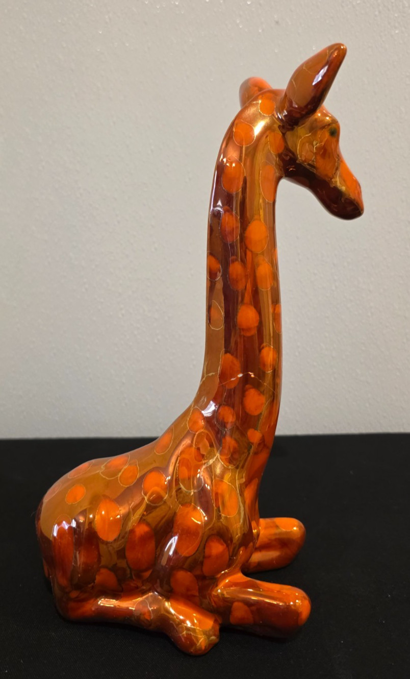 Vintage MCM Ceramic Giraffe Figurines Pair Orange Polka Dot Spots Glossy 15″ 11″