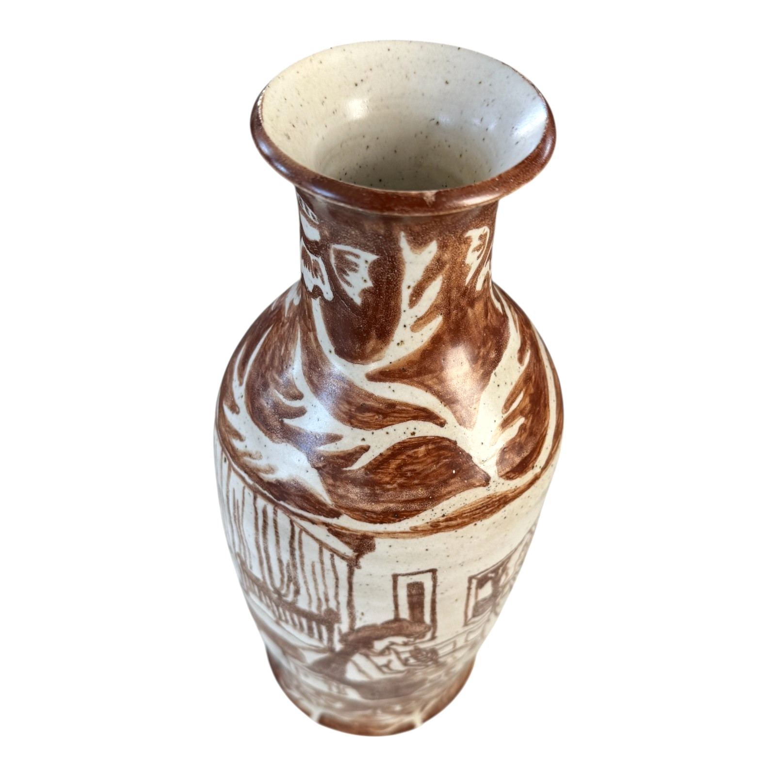 Vintage Tall Handmade Studio Art Pottery Stoneware Vase – Cream & Brown Glaze