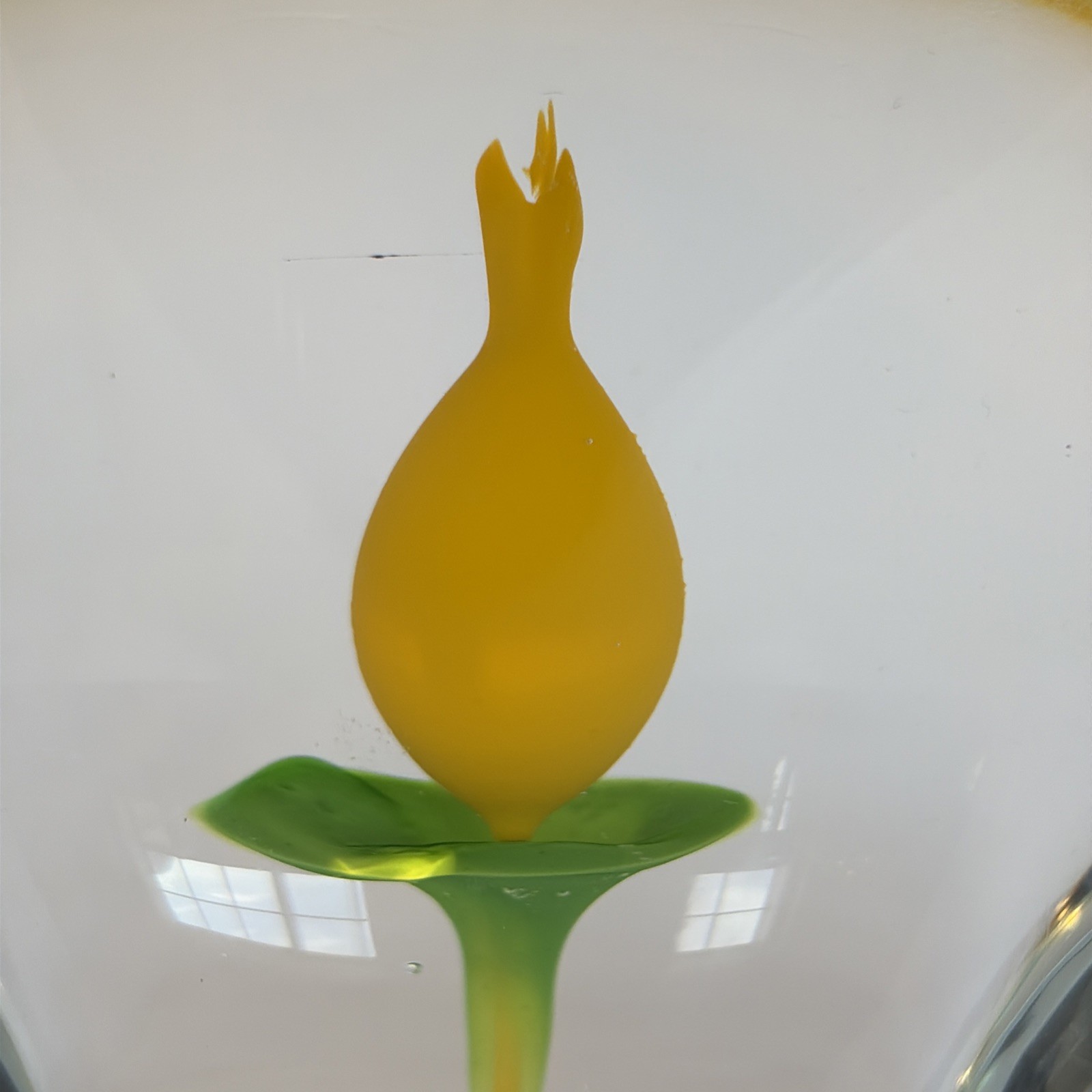 Vintage Beranek Czech Glass Paperweight with Yellow Calla Lily 5″H