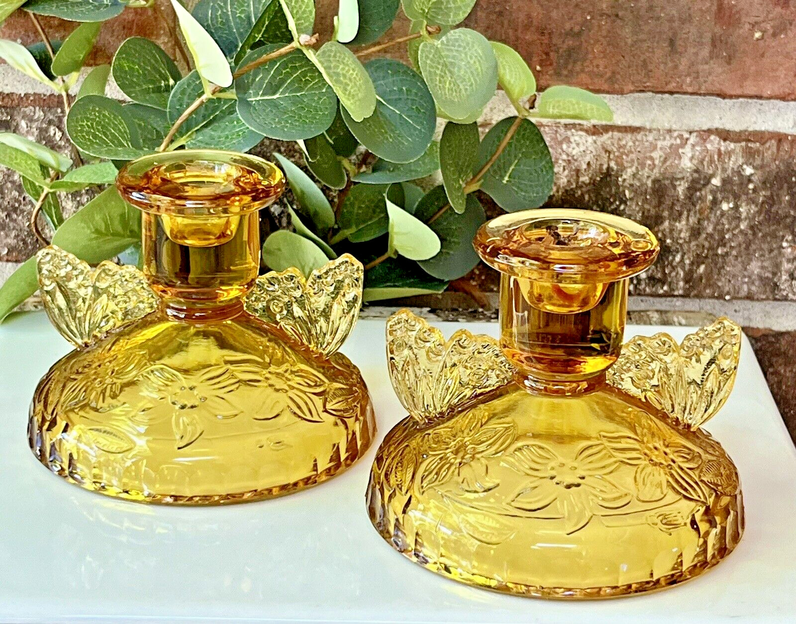 Vintage Pair Pressed Glass Art Deco Amber Candlestick Holders 3 1/4″ Tall Floral