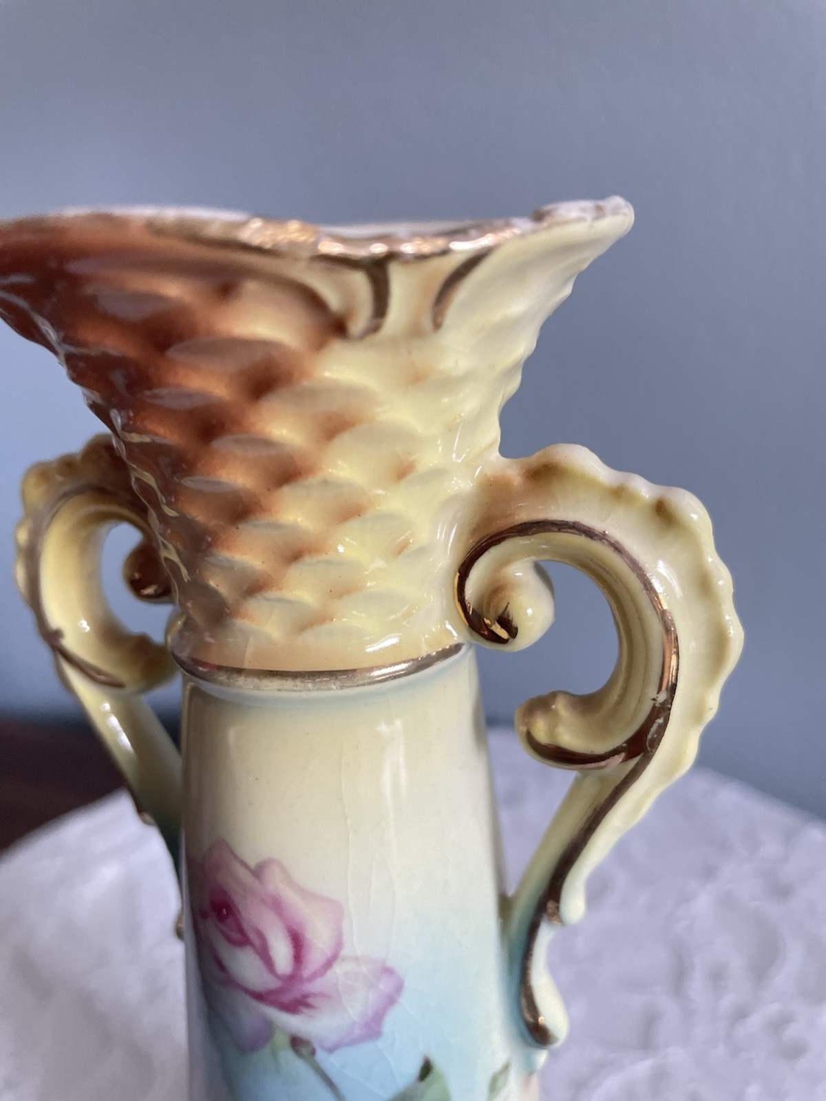 Antique Austria Hand Painted Floral Rose Porcelain Vase Handled 8”