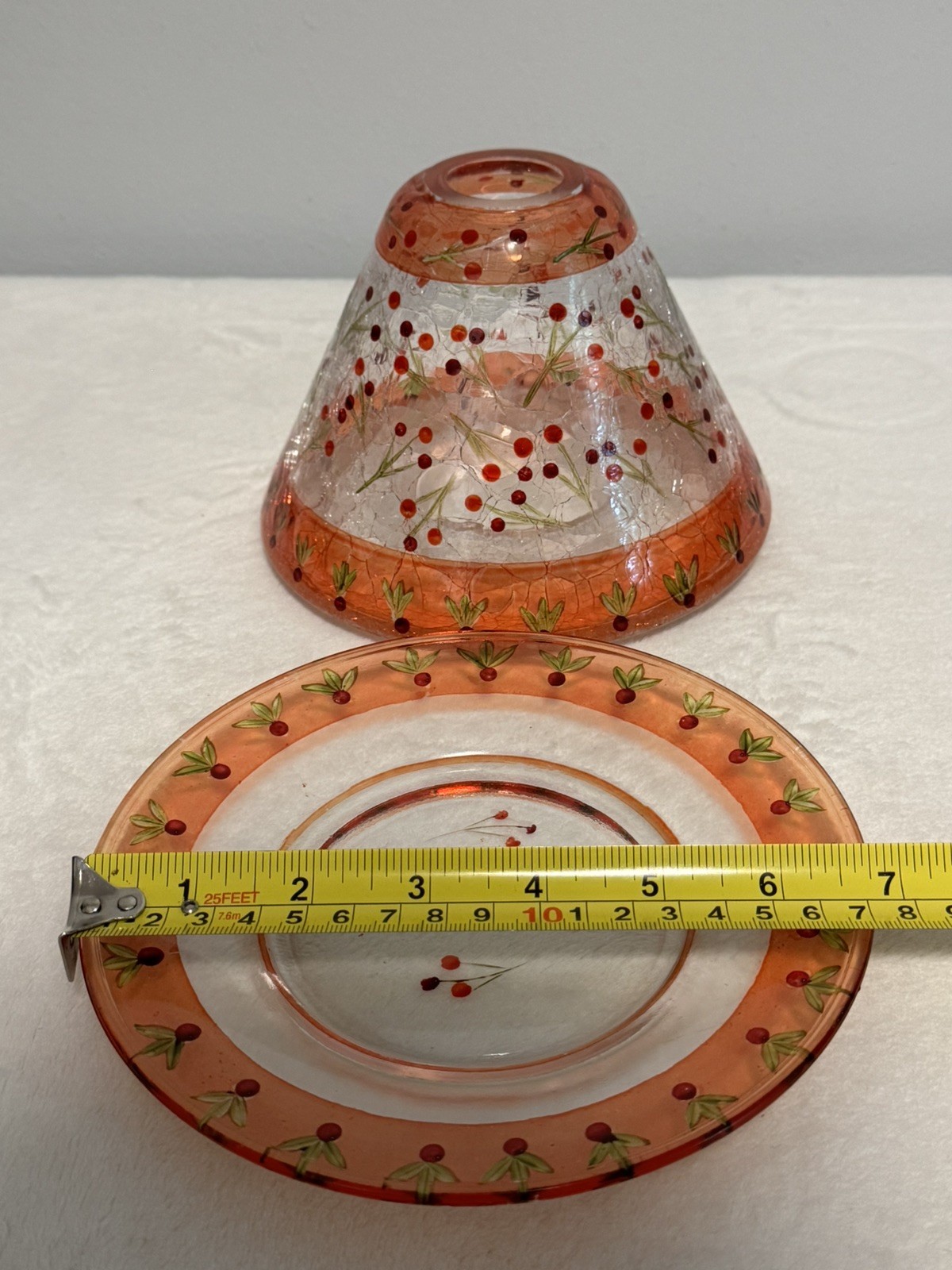 Vintage Crackle Glass Candle Holder Shade Plate Set Hand Painted Red Berries H5”