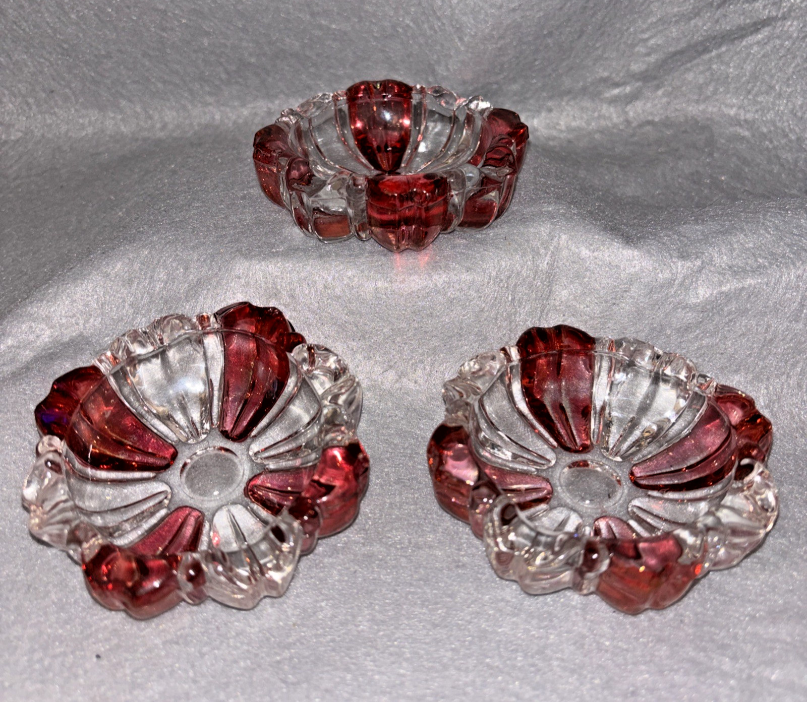 3 Cranberry Ruby Red Flash Clear Striped Peppermint Ashtrays RARE 3 Inch Size