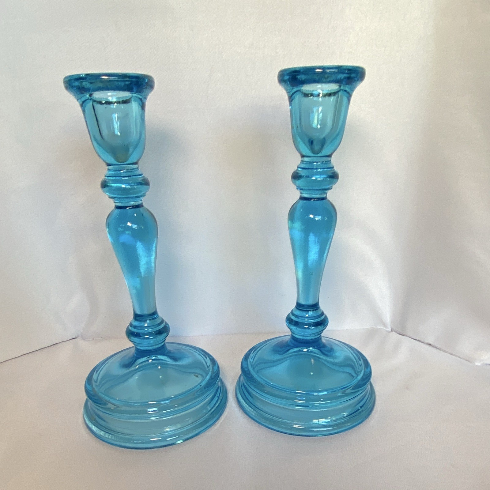 Unmarked Pair Blue Pressed Glass Candlesticks for Taper Candles Vintage 8.5 inch