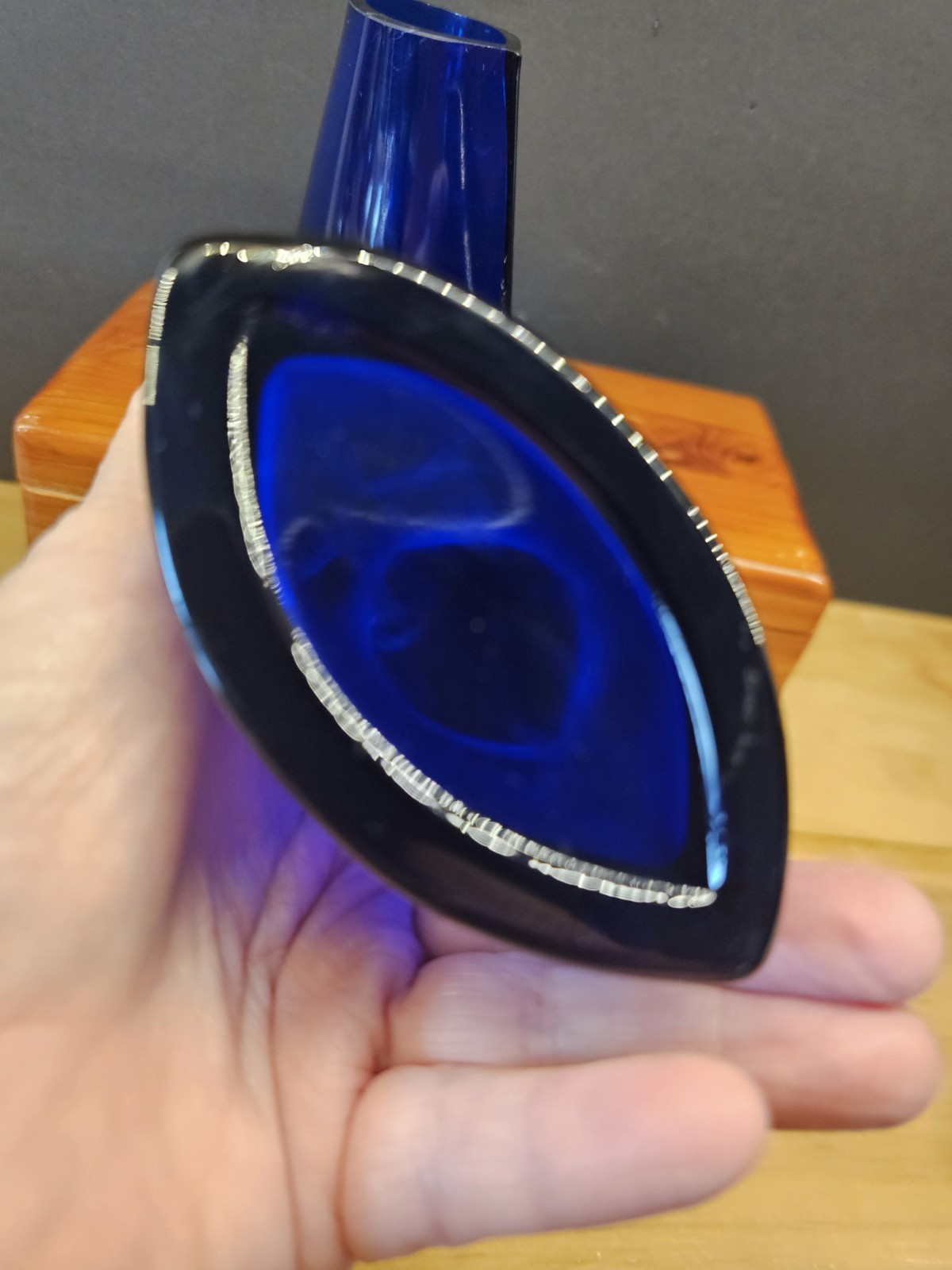 Set Of 2, Colbalt Blue 4″ Vases, Art Glass Curved Oval