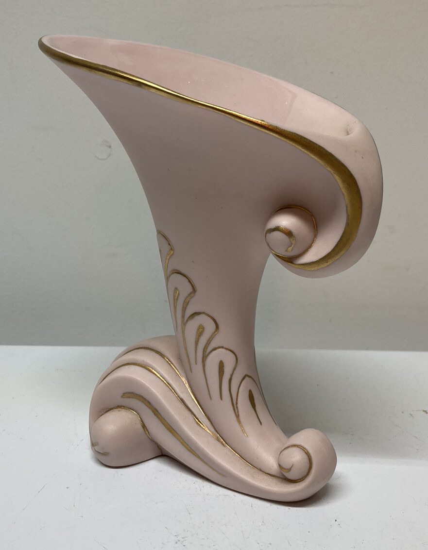 Vintage Ceramic Vase Satin Light Pink Gold Trim Hand Painted Art Pottery EUC