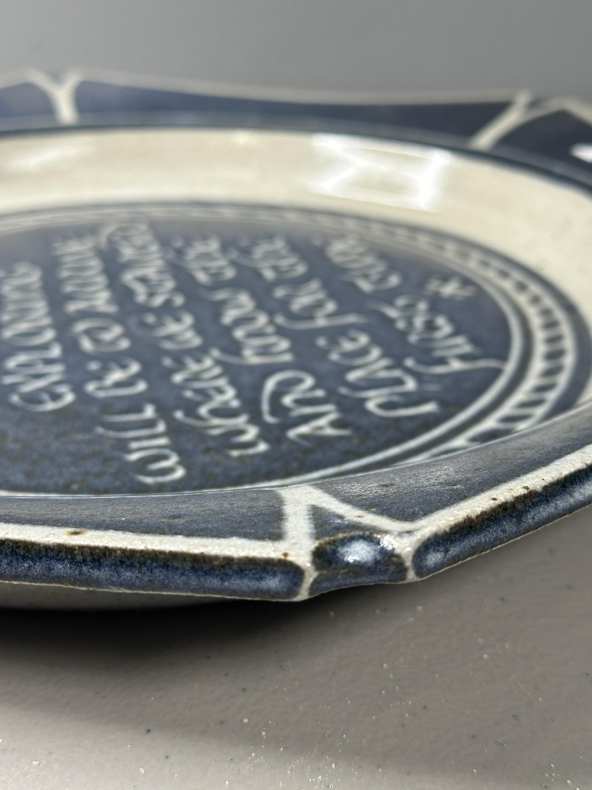 Studio Pottery Stoneware Hexagon Quote Plate Blue White GW Signed T S Eliot