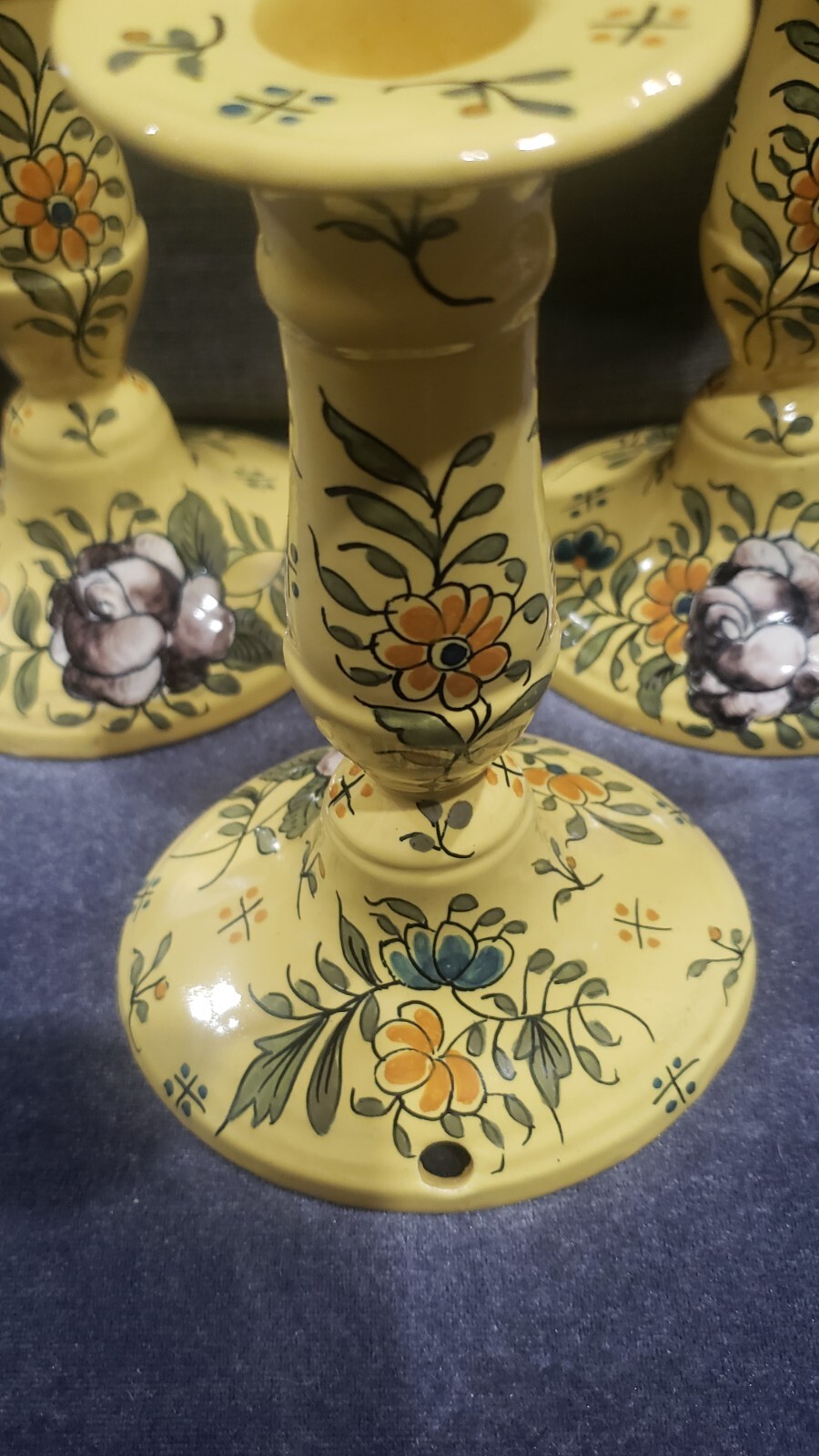 3 RARE MADE FRANCE ART POTTERY Floral Yellow CANDLESTICKS