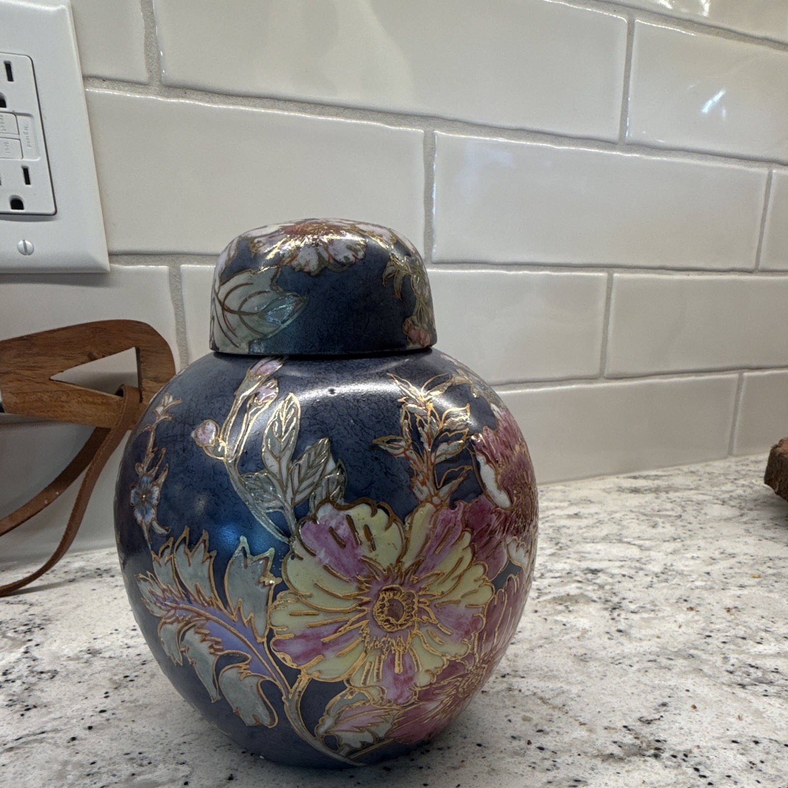 Blue Floral Porcelain Lidded Vase/Jar, Made in China, Printed Backstamp