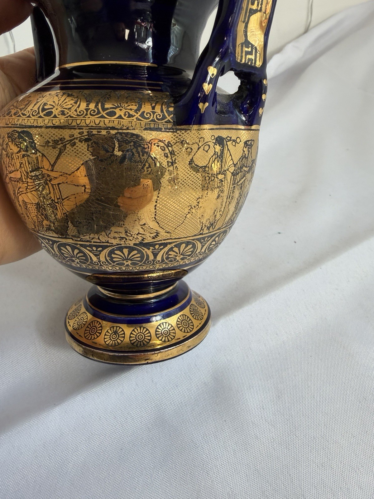 Greek Style Amphora Vase Cobalt Blue Gold Urn Classical Warriors 7” Decorative