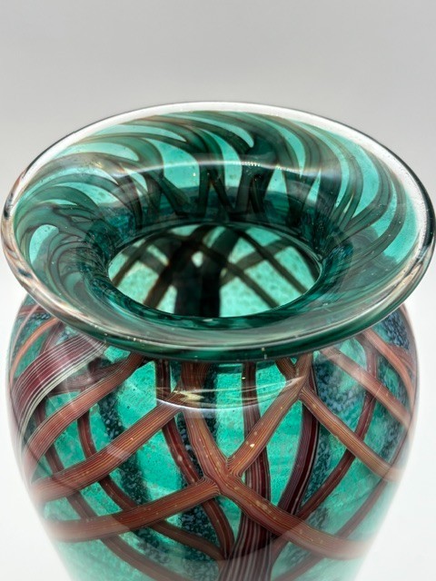 Orient & Flume Art Glass Vase ” Snow Storm” Teal Forest Scene S. Beyers