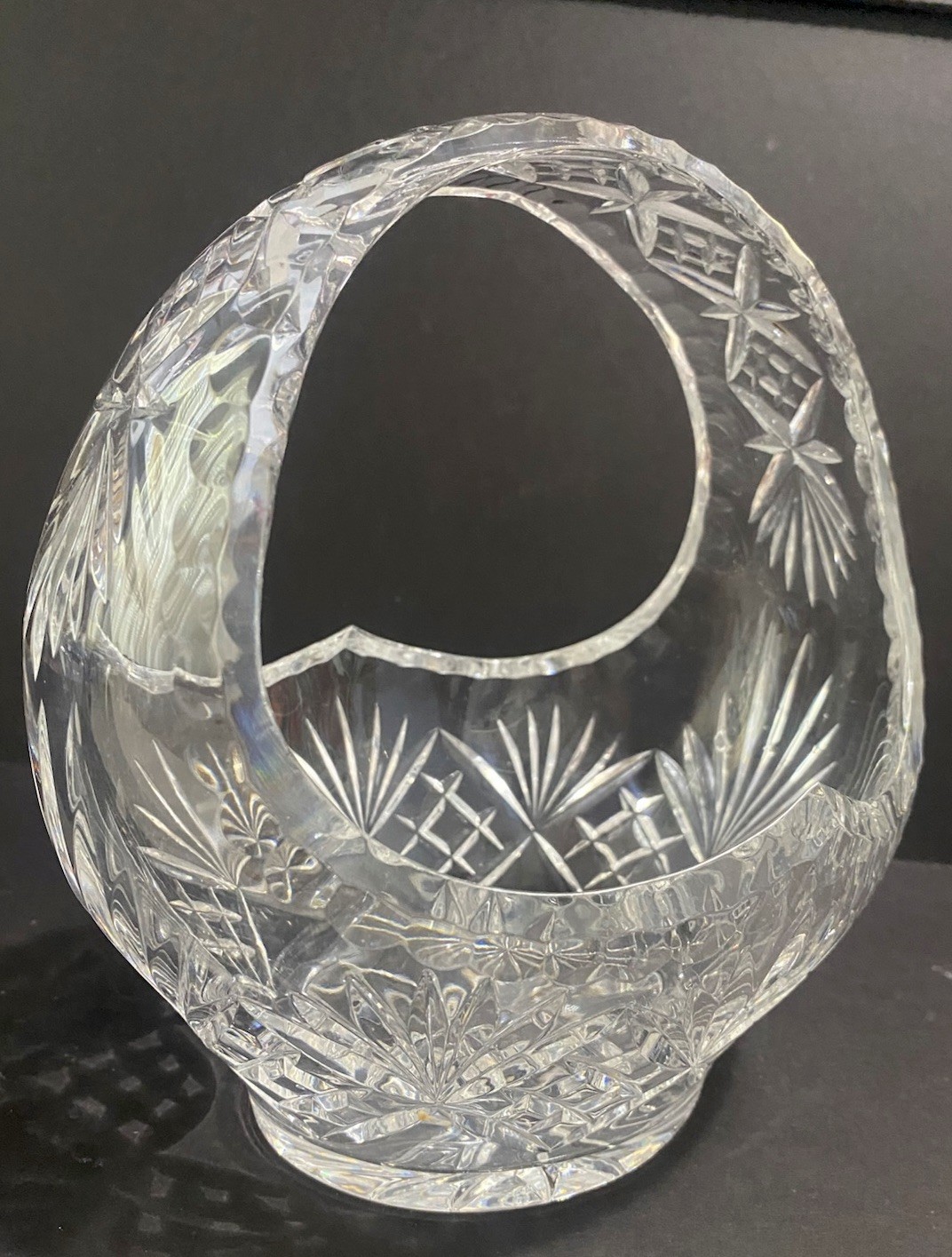 VINTAGE LARGE/HEAVY CZECH CUT LEAD CRYSTAL BASKET BOHEMIAN 8 1/4”x 9”