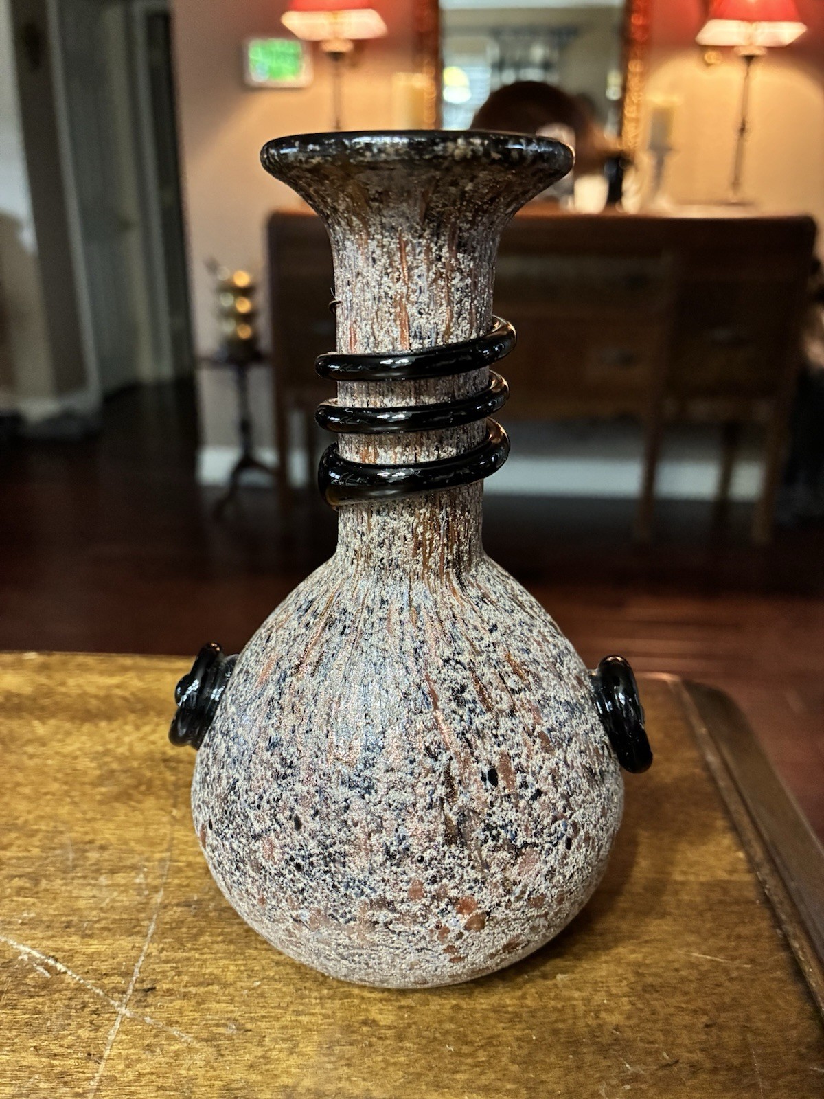 5.25″x3″ Vtg Small Scavo Seguso Murano Glass Vase w/Applied Black Glass