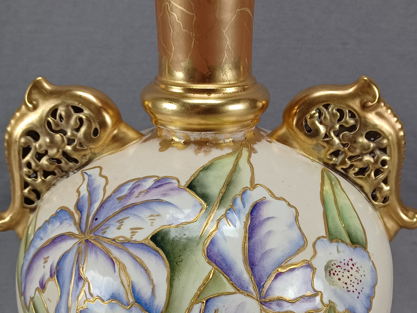 Faience Manufacturing Co Brooklyn NY Hand Painted Orchids Ivory & Gold Vase