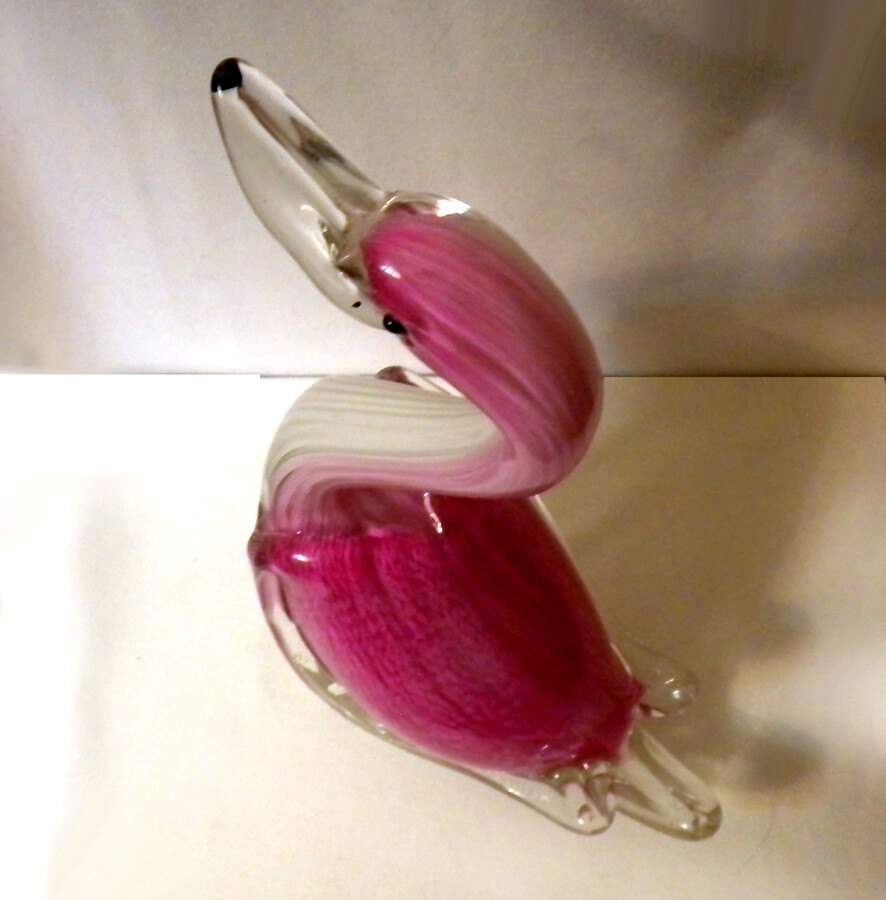 Vintage Pink Textured, clear & white Art Glass Duck Sculpture/Figurine 12 ½”