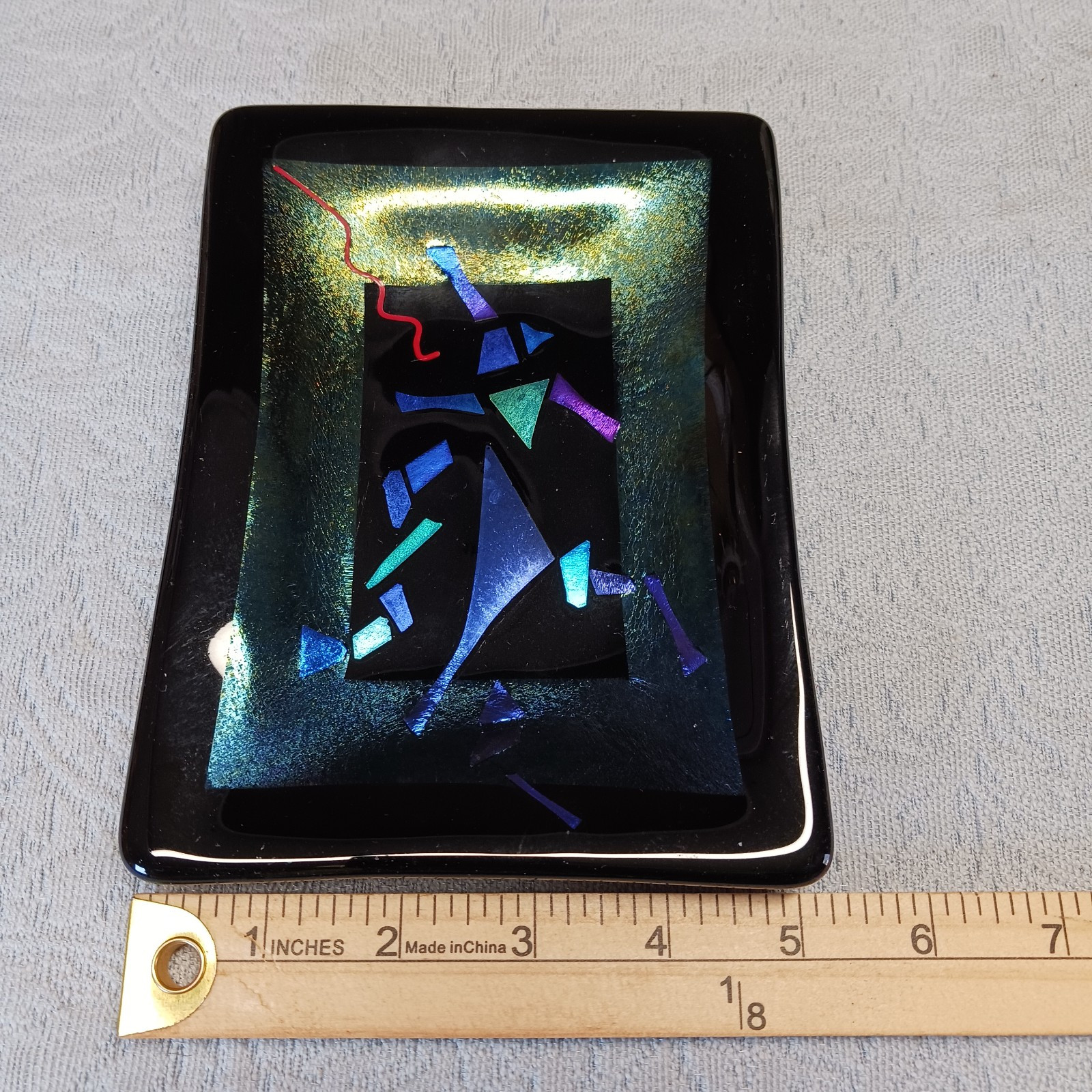 Signed Art Glass Iridescent Confetti Tray Fused Glass Ring Dish 5×7