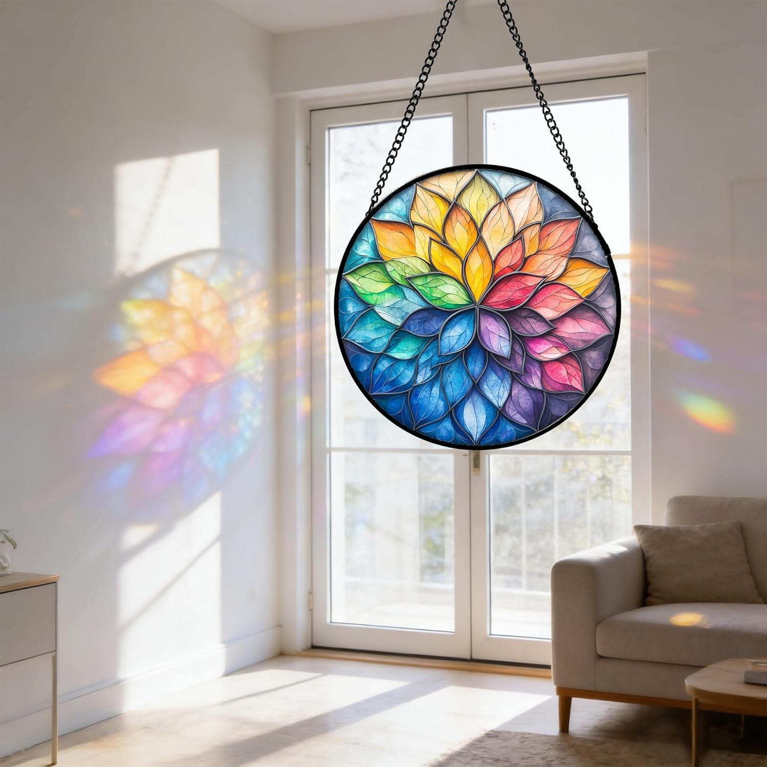 Stained Glass Window Hanging, Colorful Flower Petals s Diamond Glass Panel Ha…