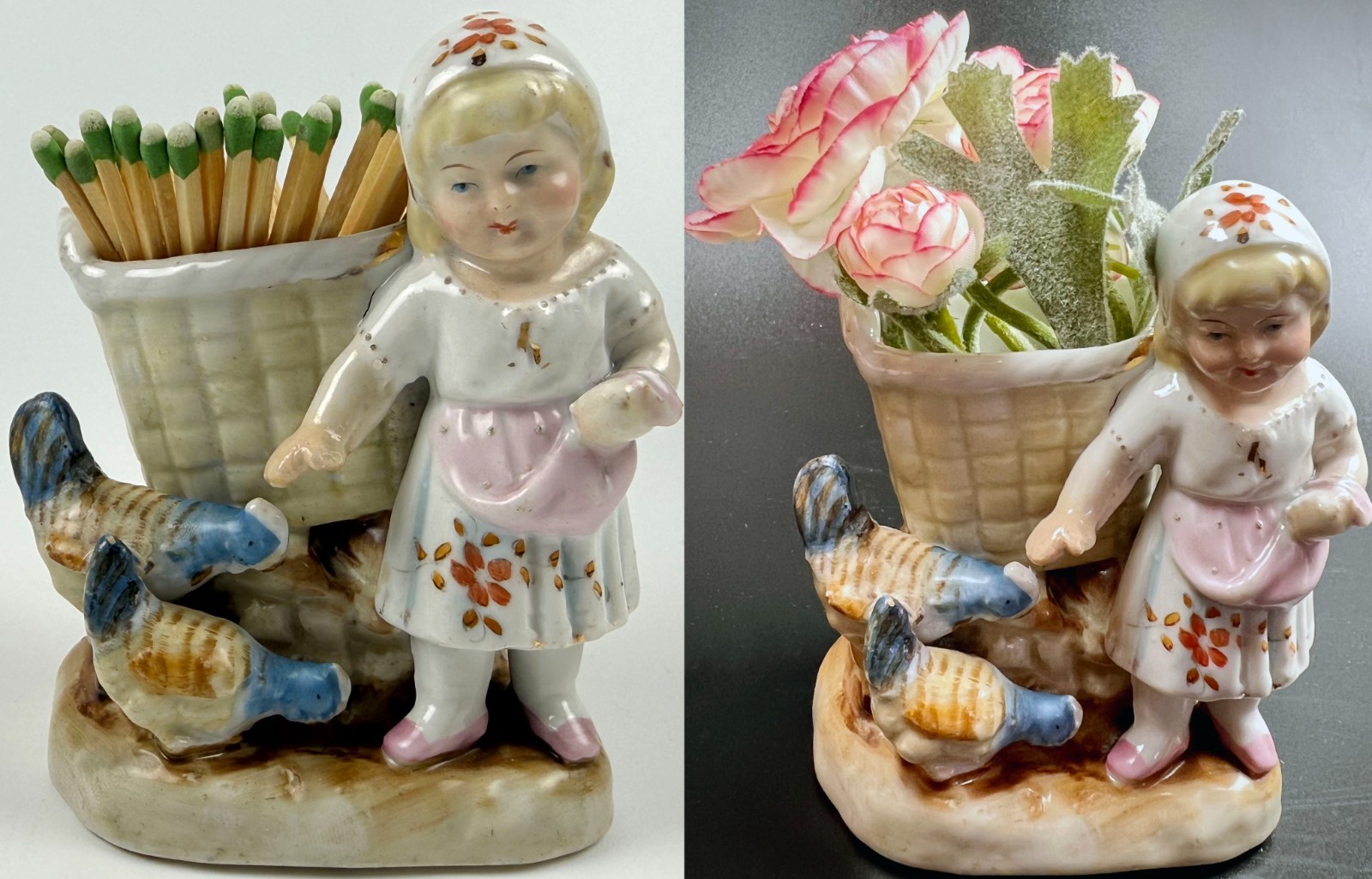 Antique German Conta Boehme Porcelain Match holder vase Girl chicken figurine