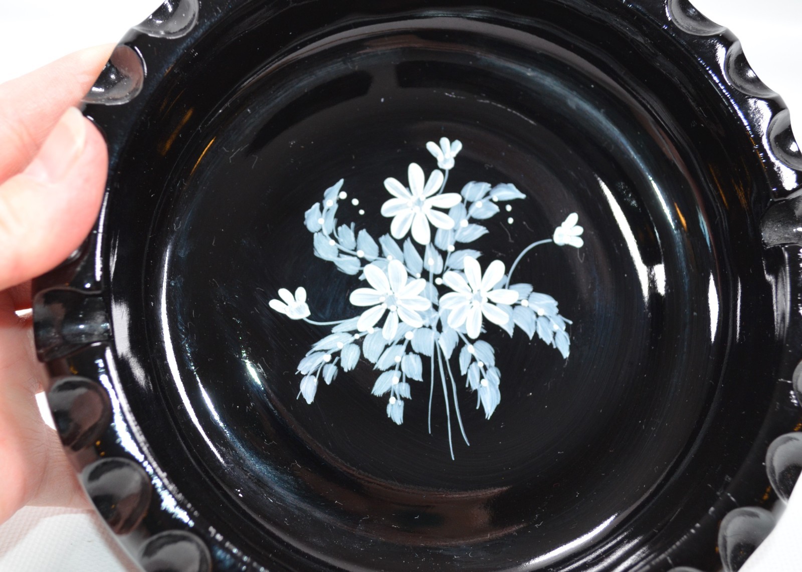 Vintage Fenton Art Glass Black Ebony Ashtray Hand Painted White Flowers Signed
