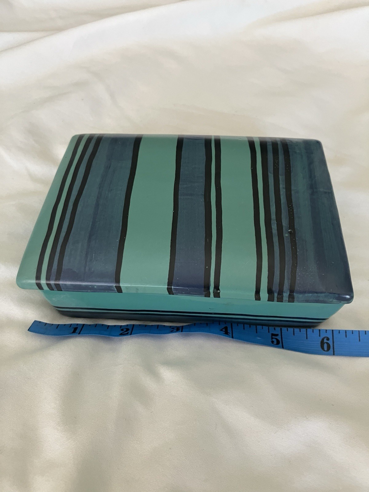 Vintage Raymor Italian Pottery Lidded Box Blue Green Stripe Ceramic Trinket Box