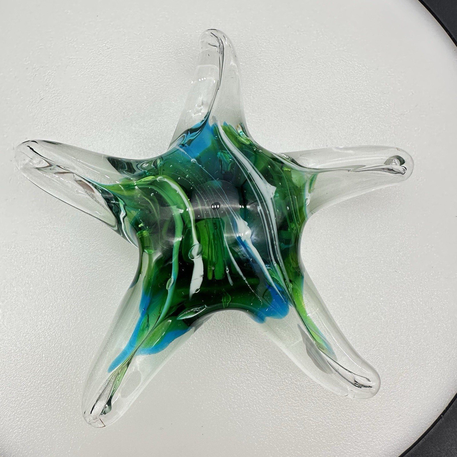 Vtg Murano Style Art Glass Starfish Paperweight Swirled Green/white/Blue Mint