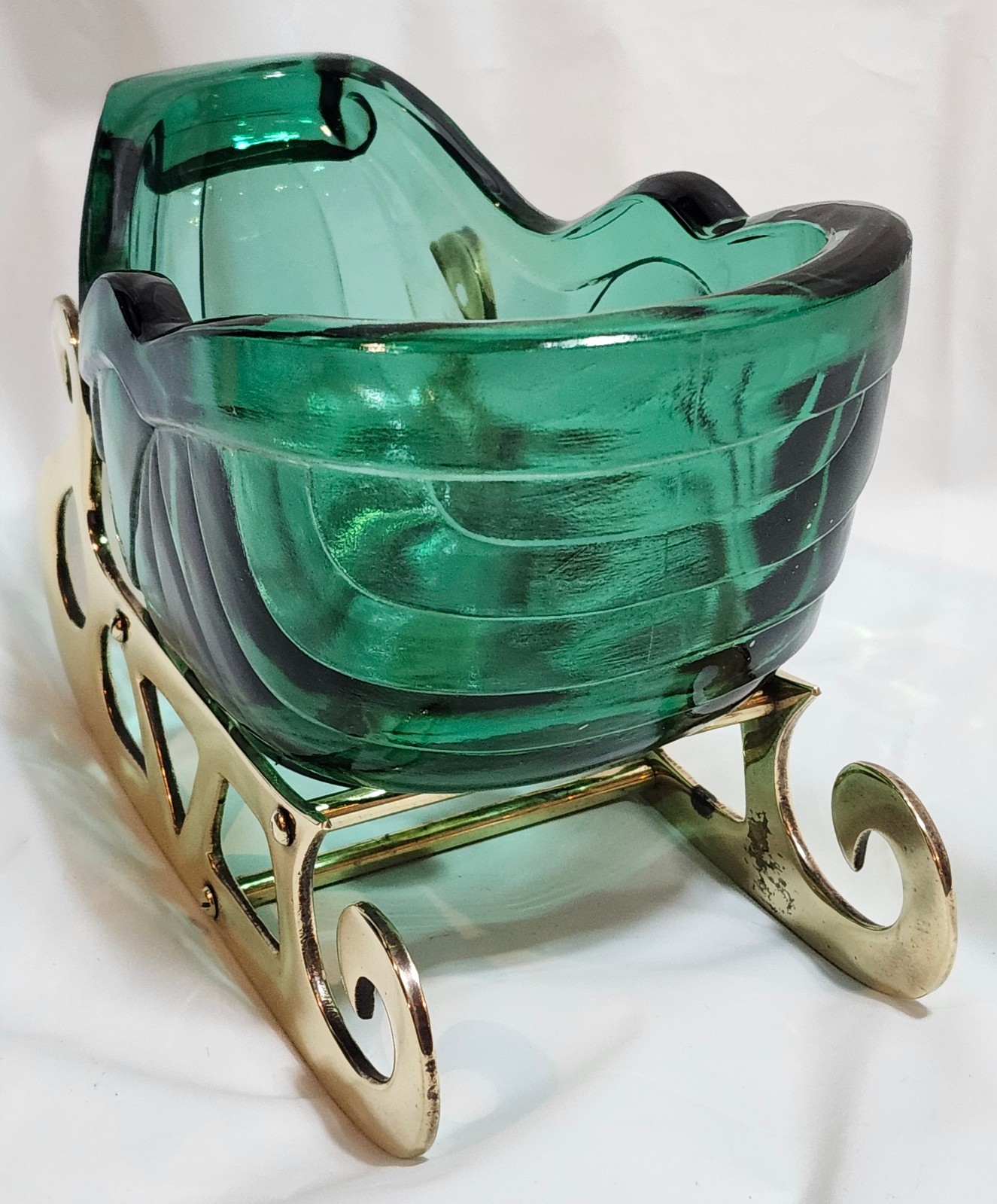 Fenton Green Glass Sleigh Candy Dish With Brass Runner Base