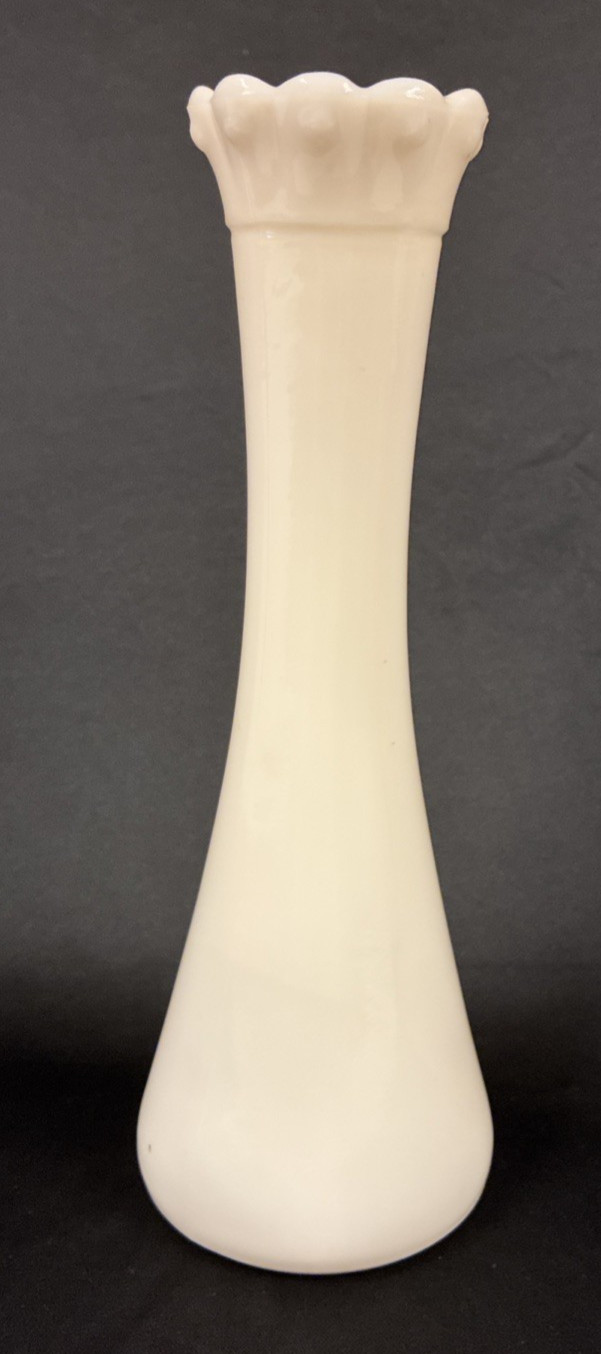 Vintage White Milk Glass Flower/Bud Vase w/ Beaded Row Scalloped Top 9″ tall