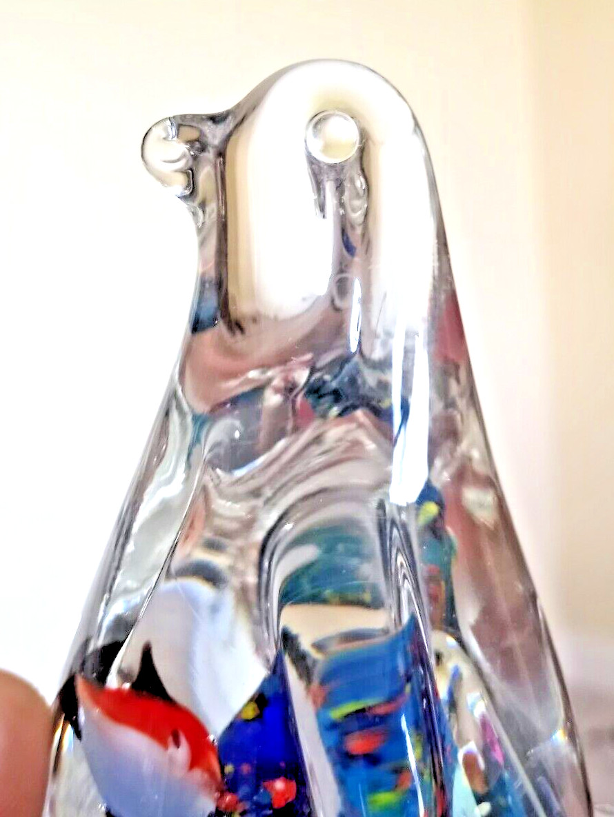 Art Glass Penquin Paperwieght With Seal Life Fish & Coral Figurine