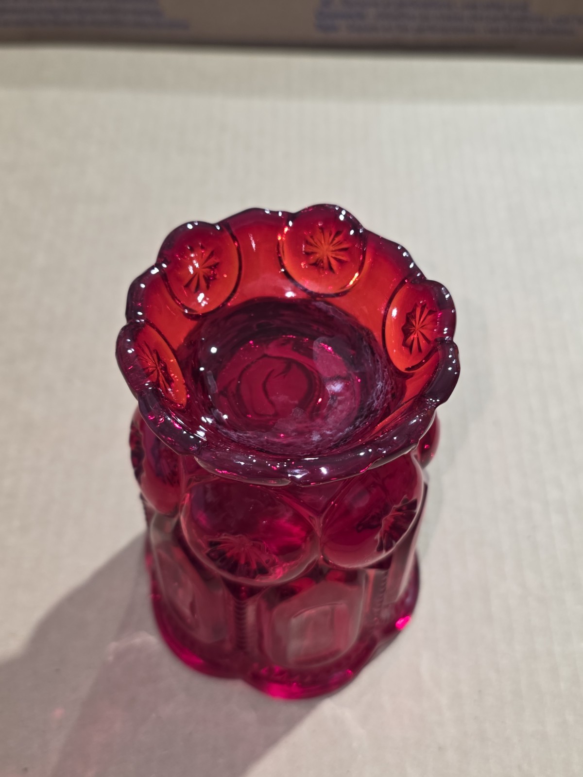 L E Smith Moon and Stars Red Vase 5.25″ T by 3.75″ W