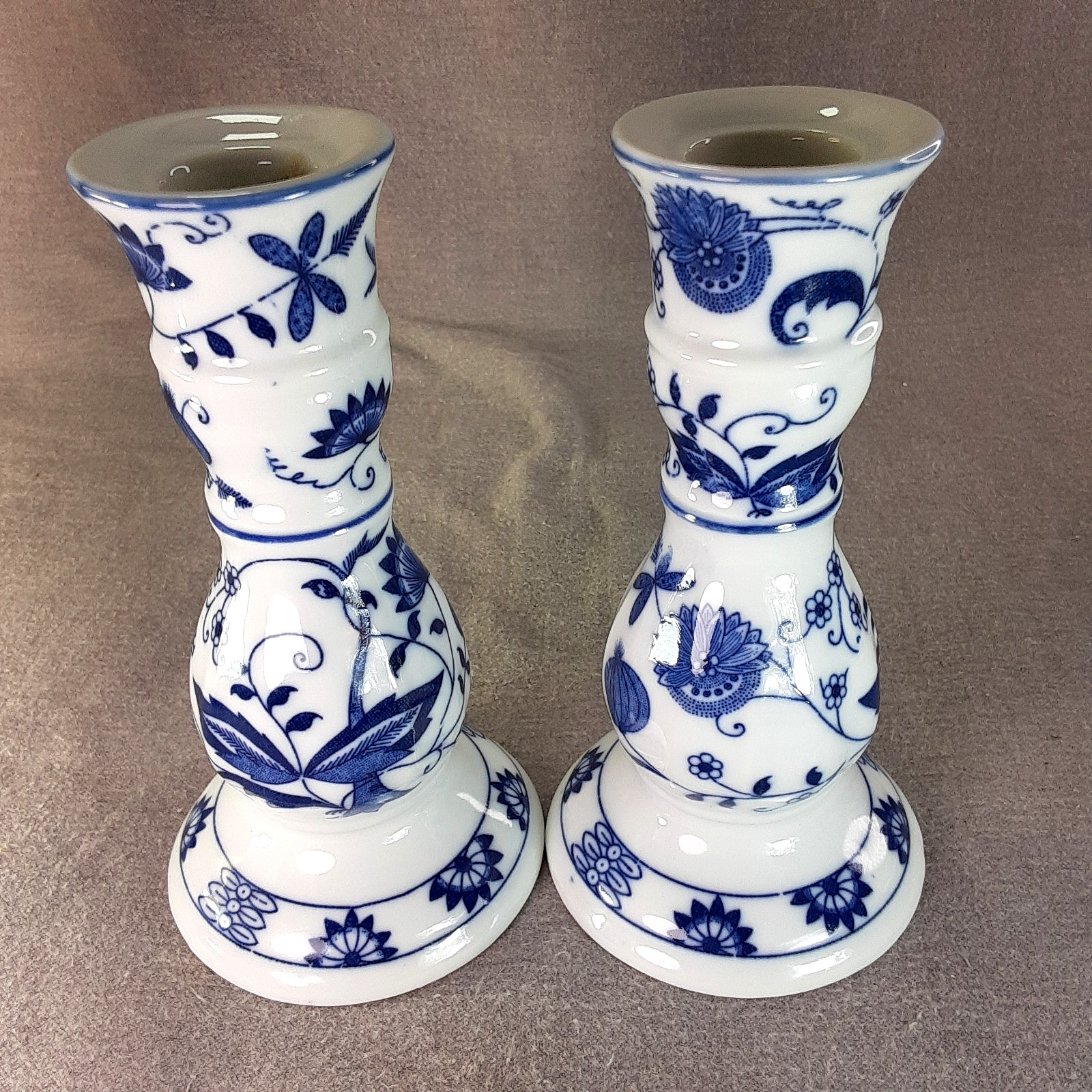 Vienna Woods Blue Onion Porcelain Candlestick Holder Pair Vintage Fine China 6″
