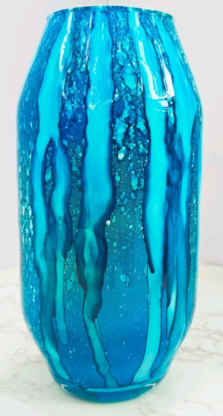 Murano Style Franco italy Hand Blown Art Glass Vase Blue White Streak Design 10”