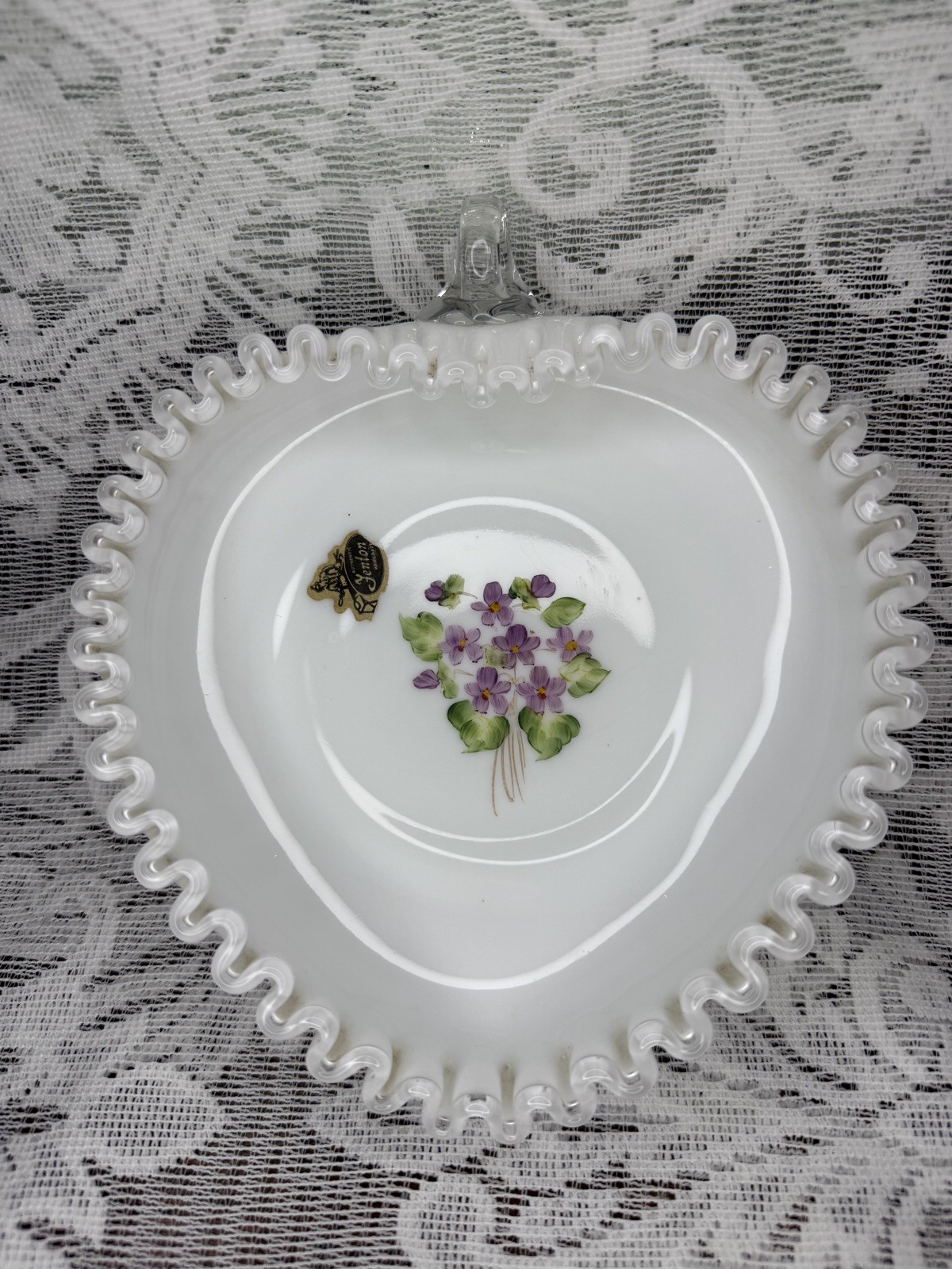 Vintage Fenton Violets In the Snow Silver Crest Heart Nappy Unsigned Prelogo