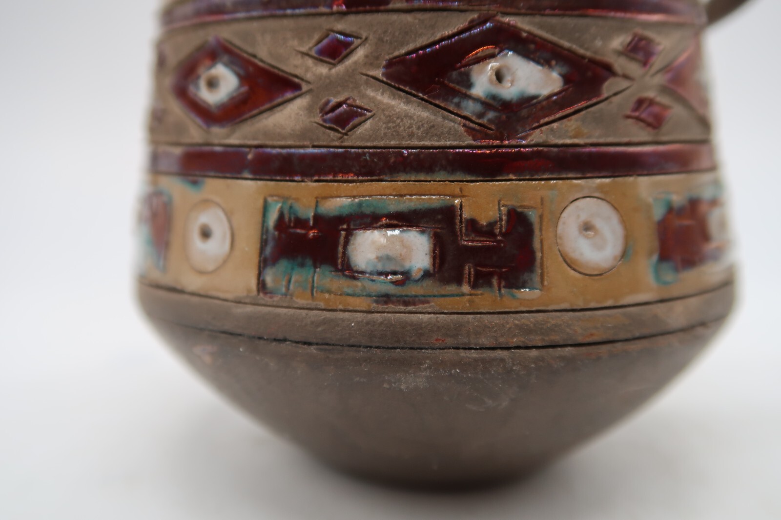 Vintage Clay Handled Cup W/ Tribal Design and Flash Glazed Interior