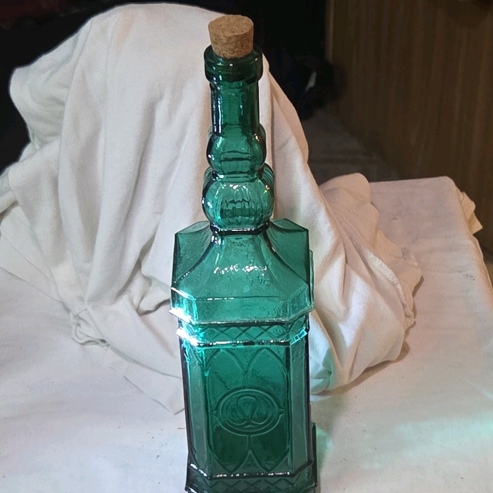 Green Pressed Glass Decorative Bottle w/ Stopper, Geometric Pattern