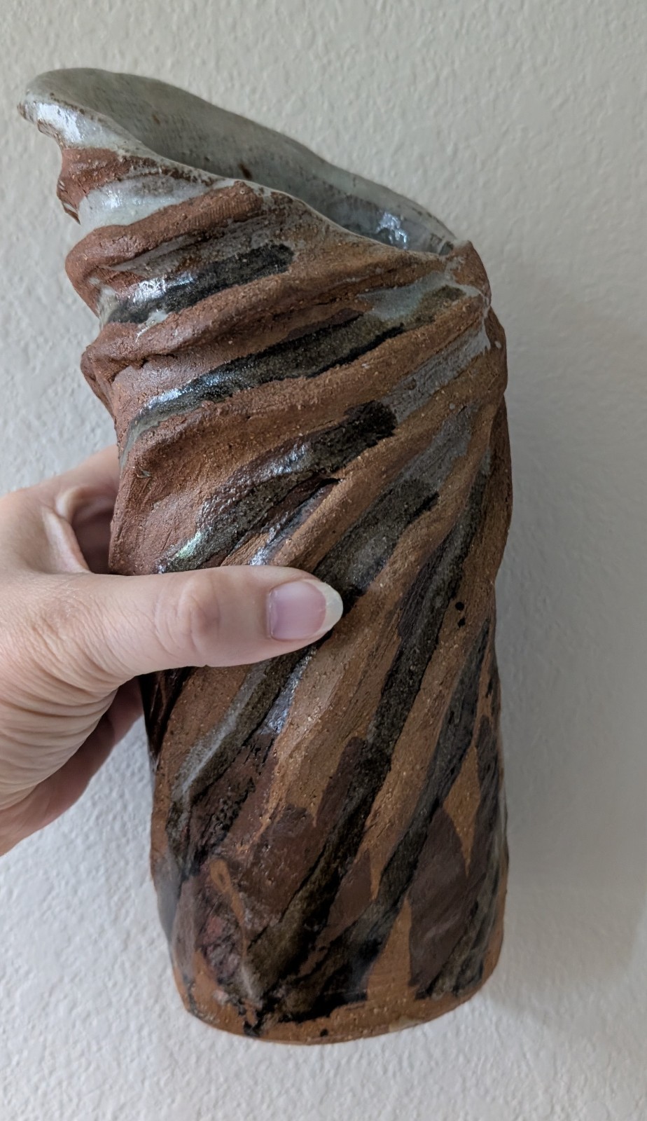Art pottery vase textured wabi-sabi twisted coils rustic primitive brown grey