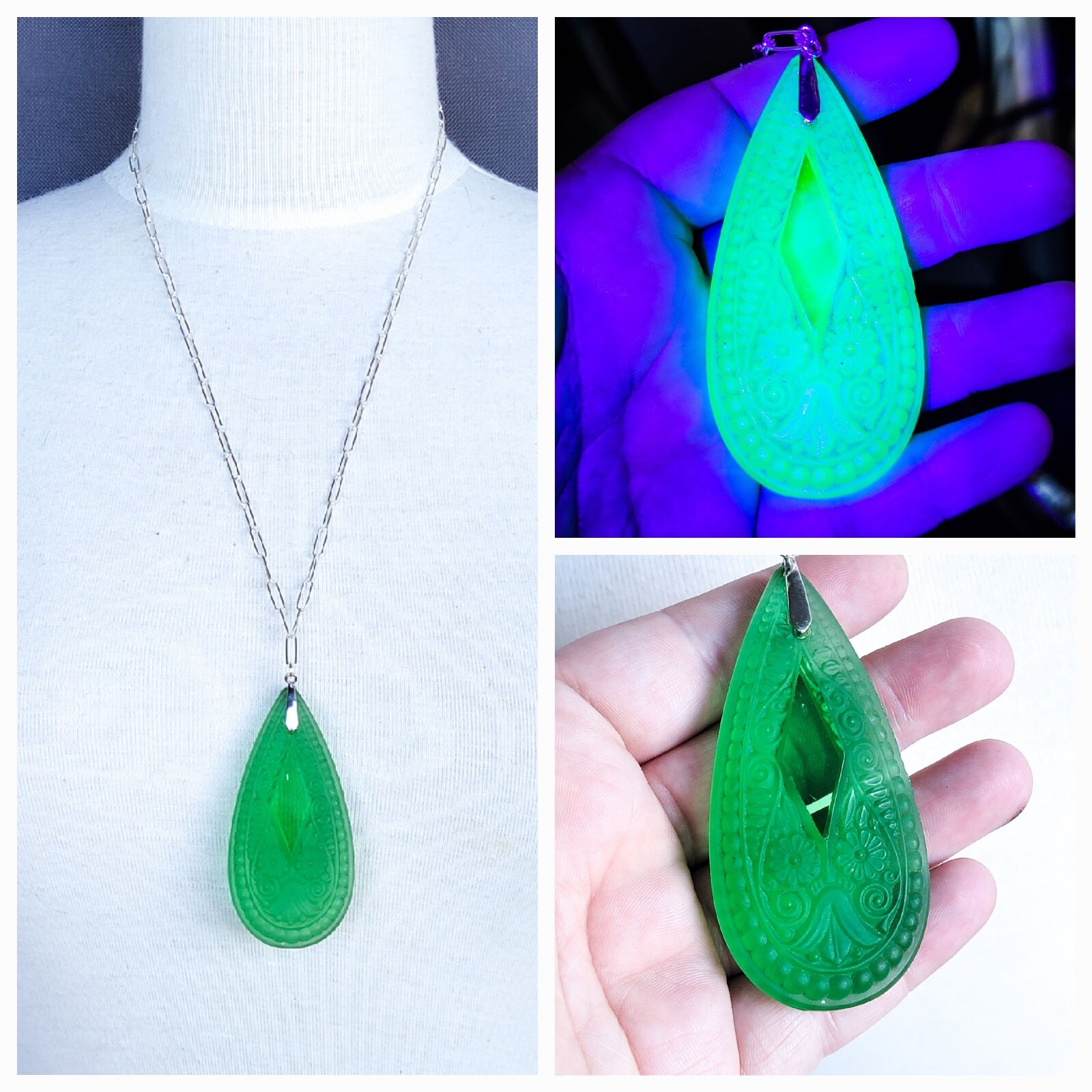 Sterling Uranium Glass Necklace Antique Pressed Glass Chandelier Crystal