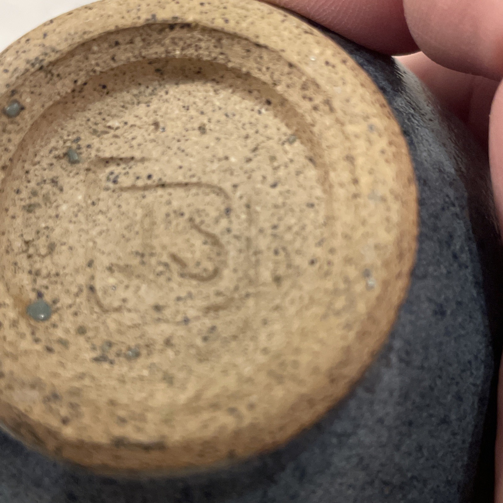 Small Handmade Pottery Piece In Blues Speckled Makers Mark JS Bottom 3 3/8×2.75”