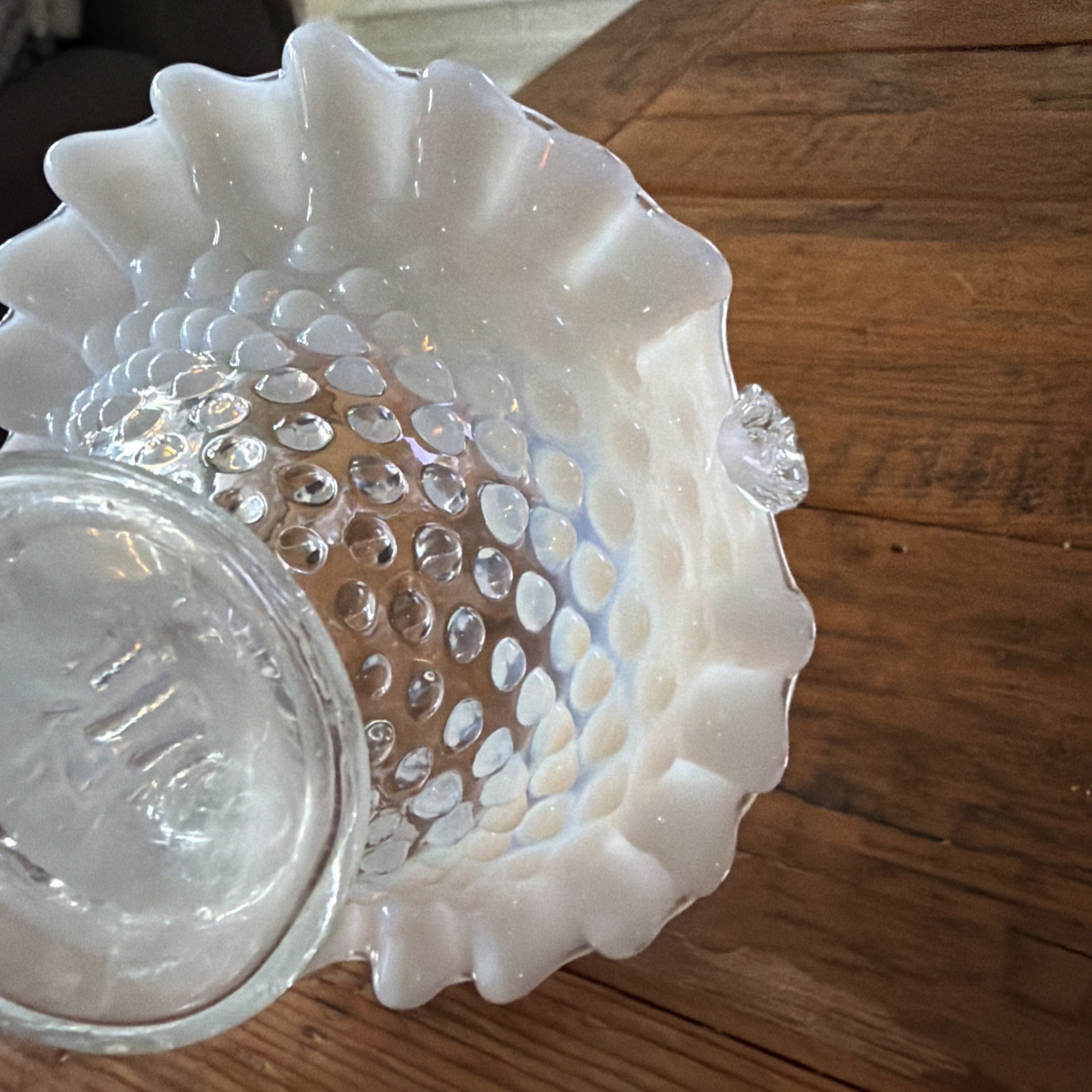 Vintage Fenton Opalescent White Clear Hobnail Basket w/Handle Ruffled Edge 6” H