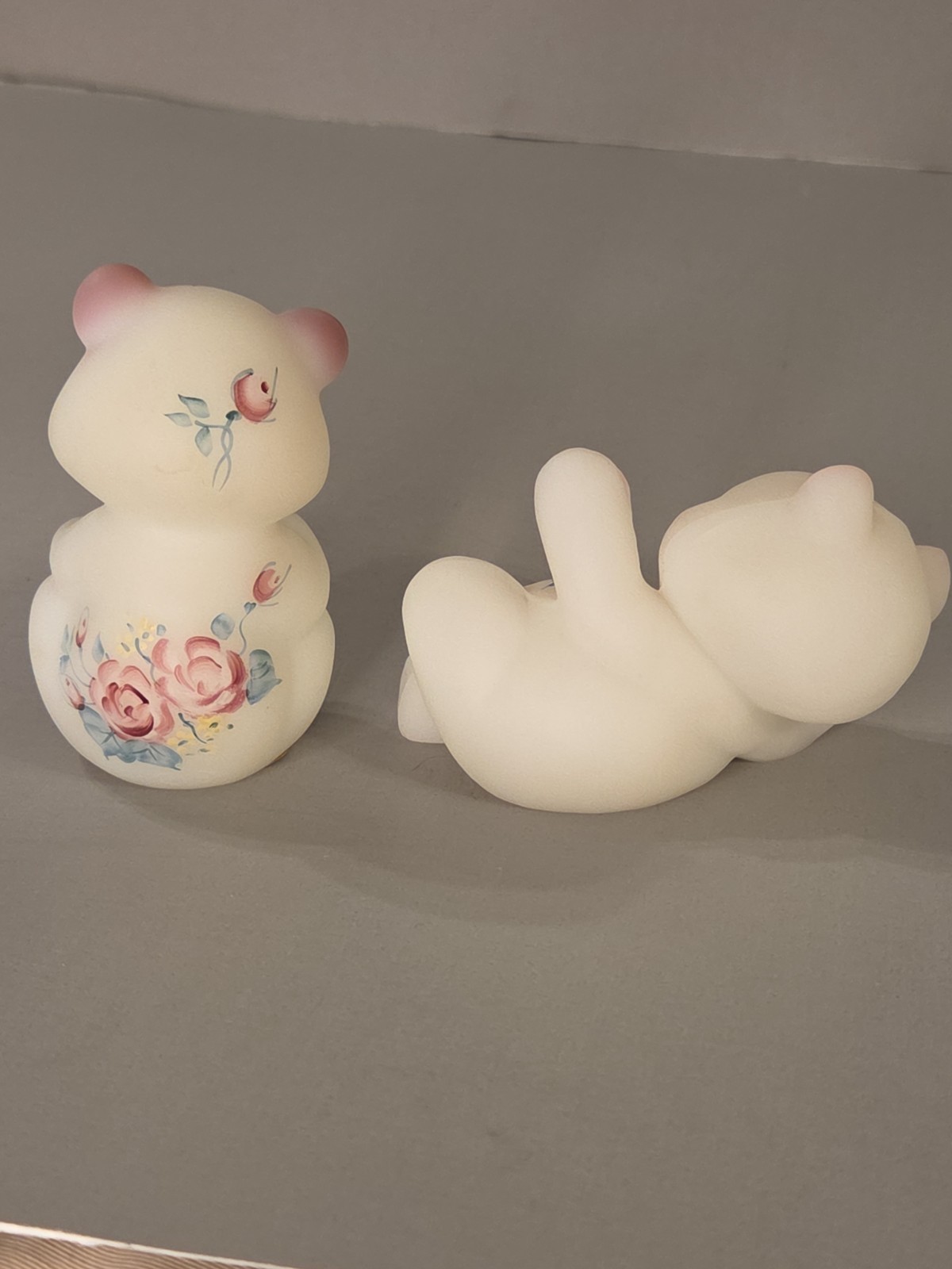 Lot 2 Fenton Bears White Pink Satin Hand Painted Floral Signed Sitting Reclining