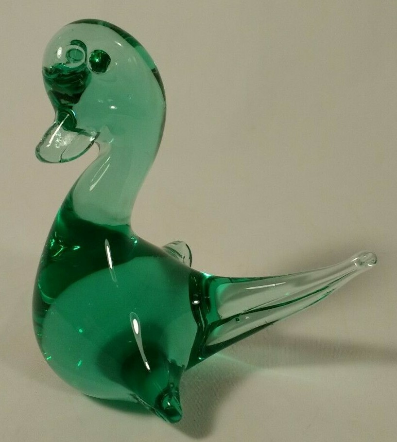 Green Art Hand Blown Glass Baby Duck Paperweight Figure Stretch Bird Cute Animal