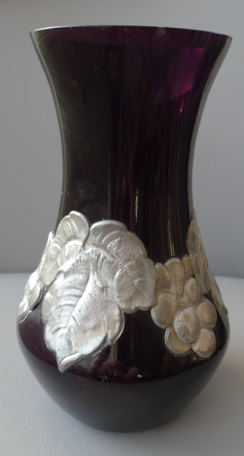 Art Nouveau Vase Purple Glass with Pewter Mounts Grapes Leaves Height 20.5cm