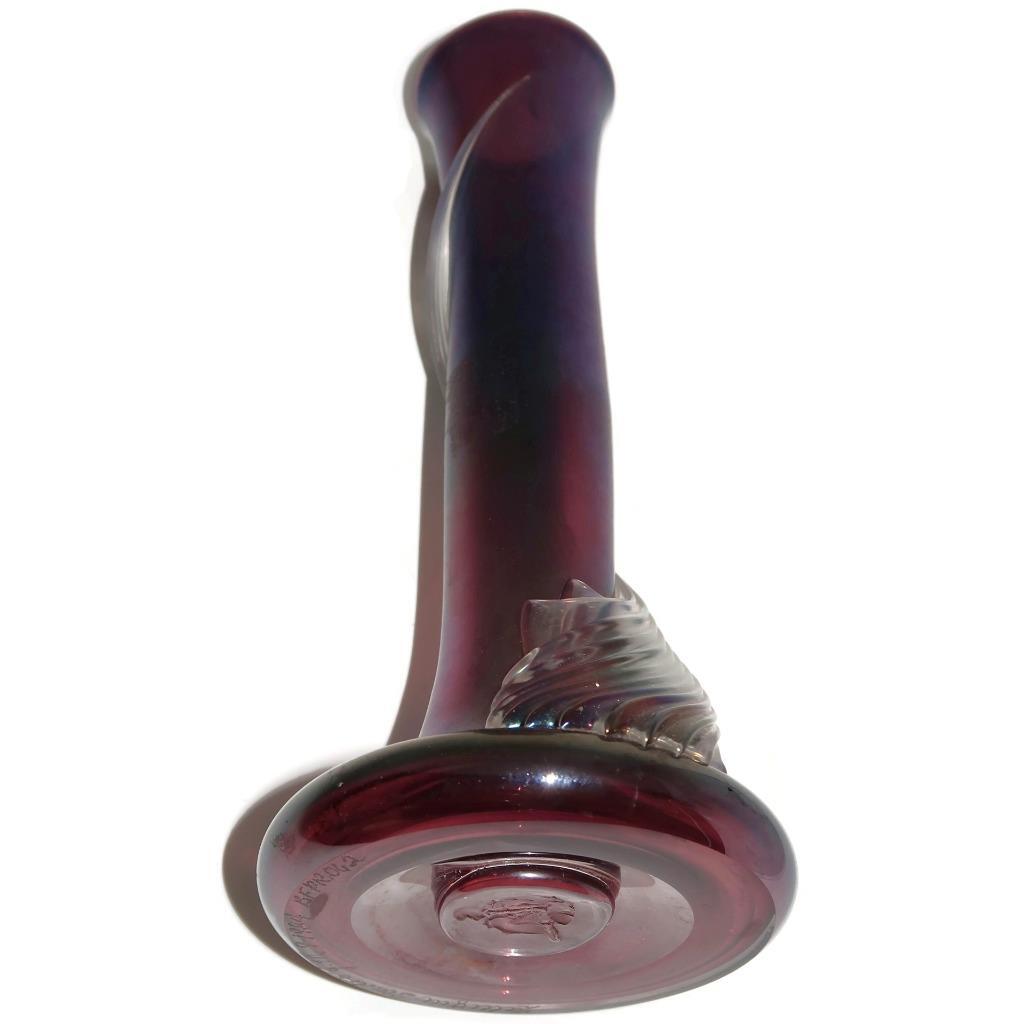 Art Glass Zellique Studio Joseph Morel 1984 Purple Iridescent Vase, 9″