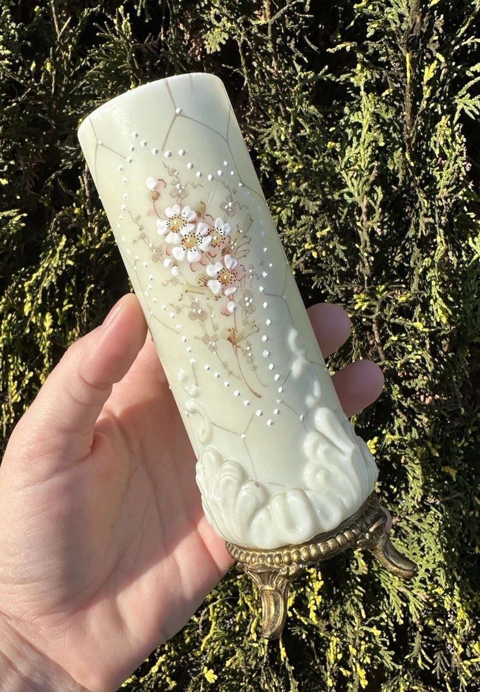 Antique C.F. Monroe Wave Crest Bud Vase, Floral Opal Glass w/ Ormolu Base 7.5”