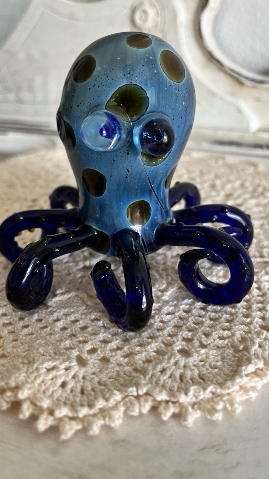 Vintage Hand Blown Octopus Art Glass Pipe Blue Amber Spotted Kraken Nautical 5″