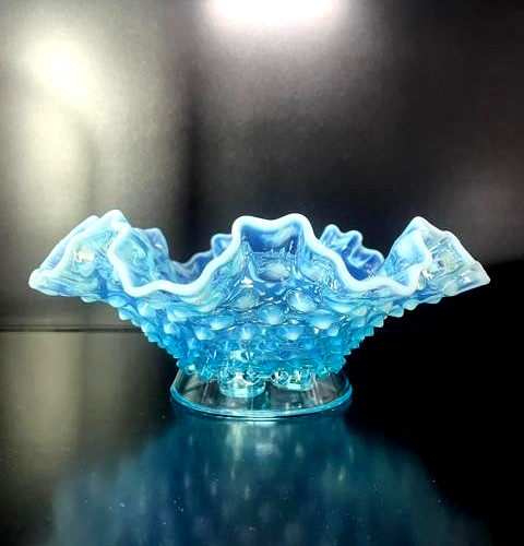 VTG Fenton Blue Opalescent Hobnail Glass Epergne Ruffled Edge BASE ONLY RARE