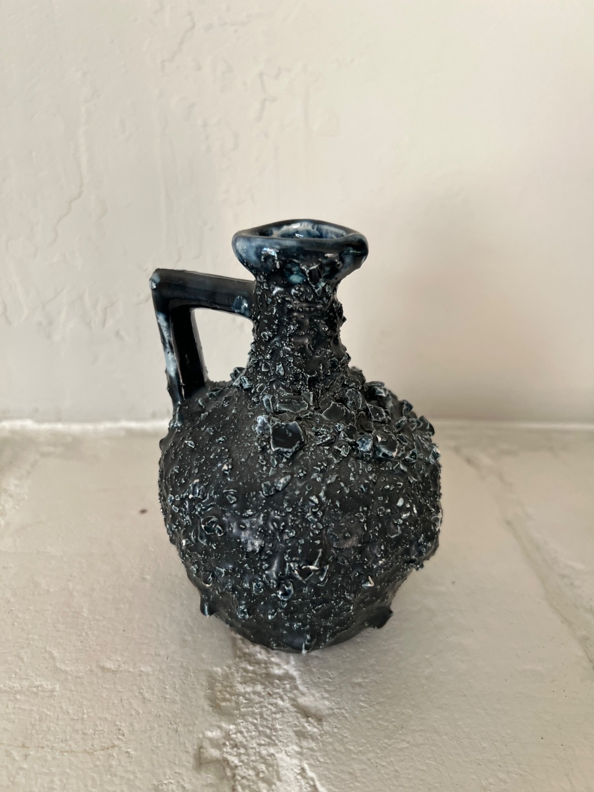 Black Fat Lava Glazed Handled Jug Vase West German Style c1960s-70s Small