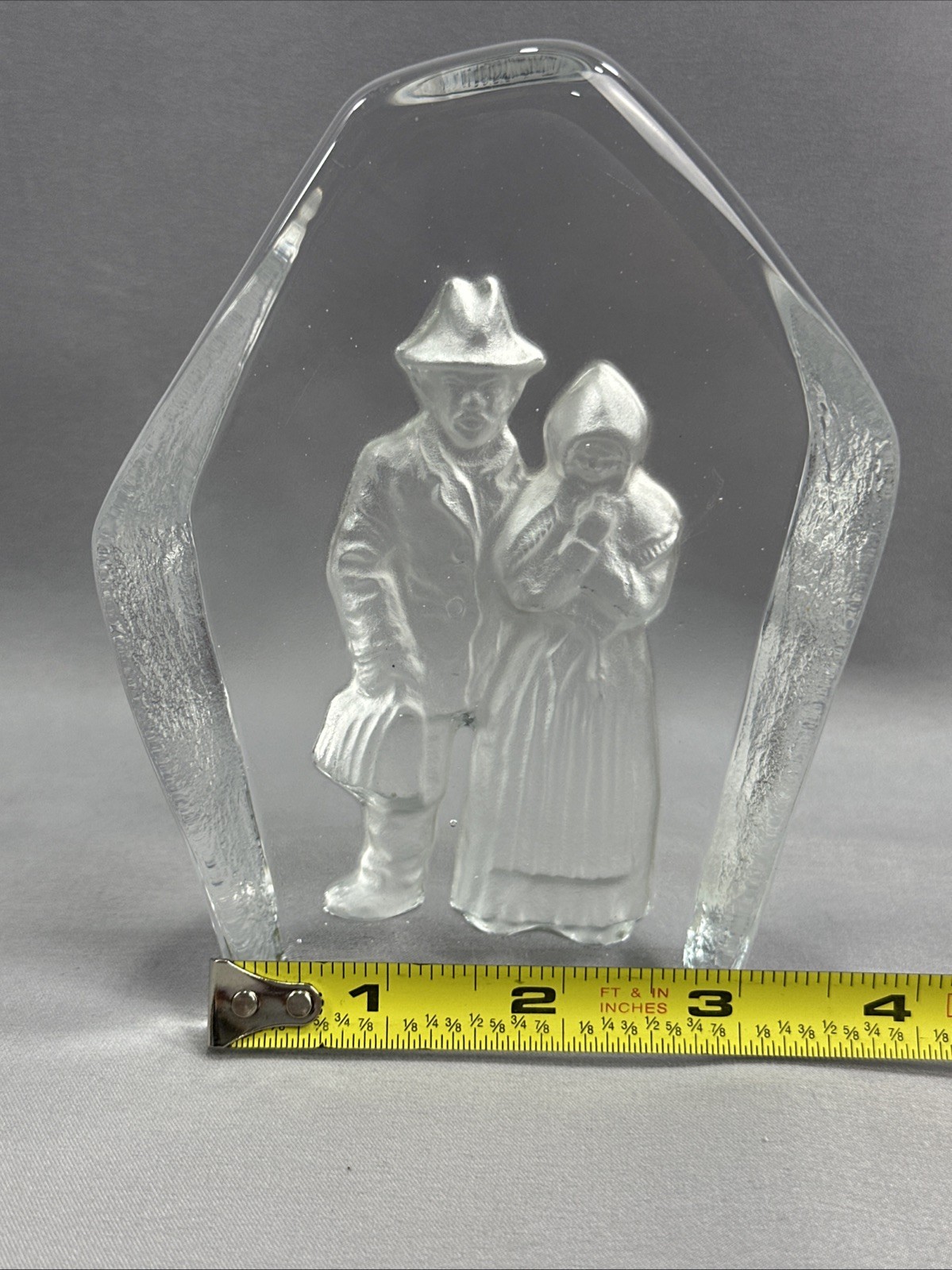 Nybro Sweden Carved Etched Art Glass Paperweight By Rune Strand People 5.5”